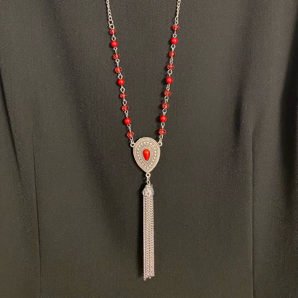 SOLD 🆕 Extra-long Red & Silver Necklace & Matching Earrings - Picture 1 of 5